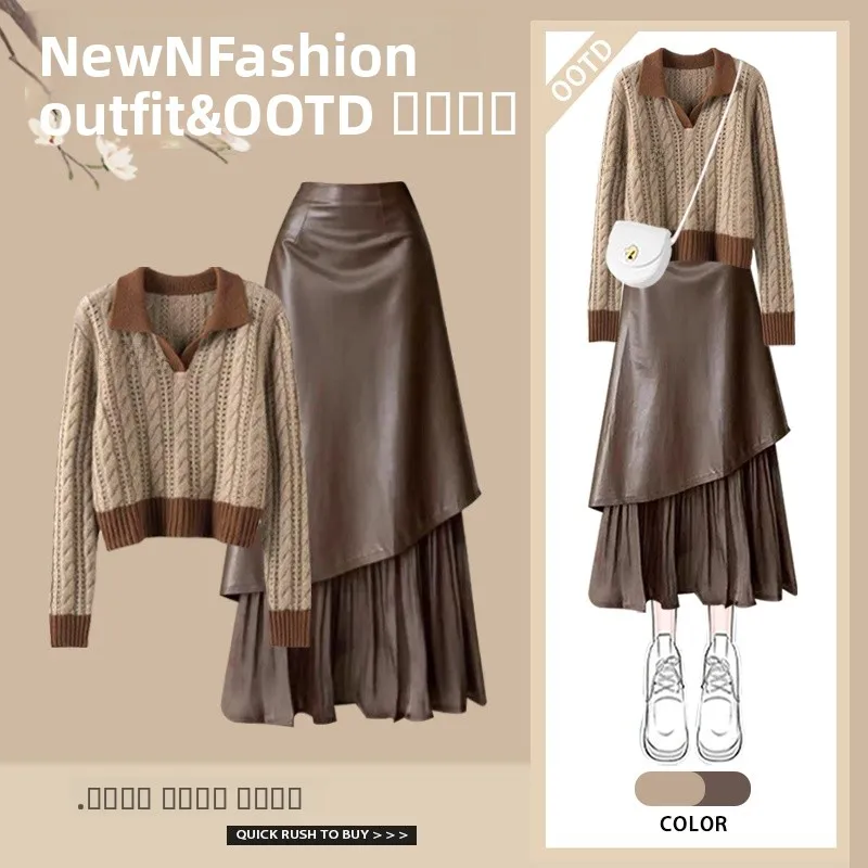 

High Waist Hollow out Knitted Sweater And Skirt Two Piece Set for Young Women Autumn Winter Faion Casual Chic Sle