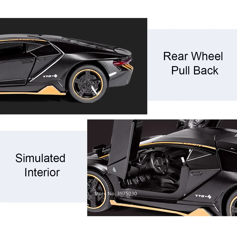 1/32 Lambor LP770-4 Modèles de jouets Alliage Moulé sous pression Voitures 3 Portes Ouvertes sourire voiture Lumière Son nervure Arrière Véhicules Cadeaux de la journée des enfants