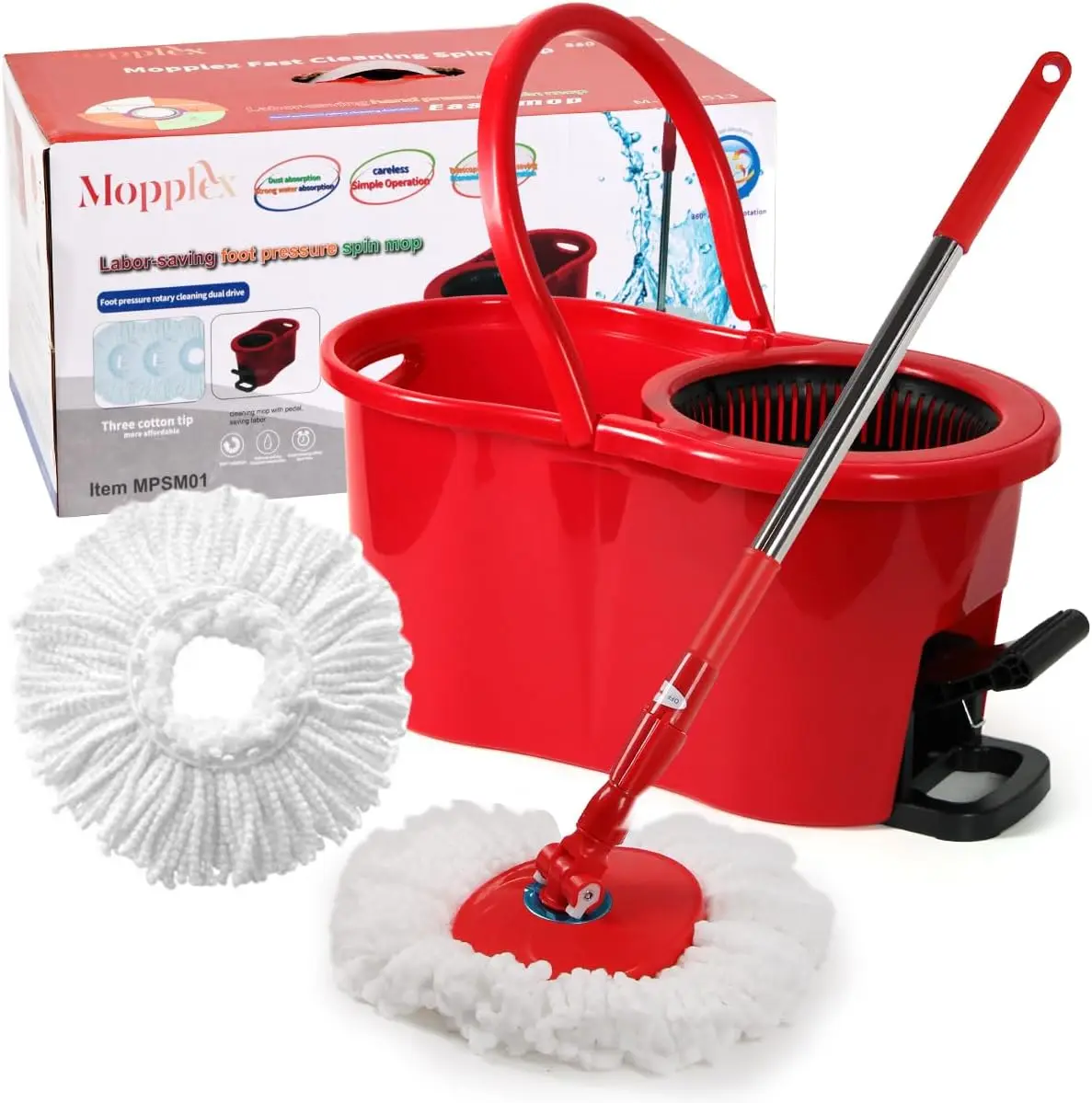 Pedal Spin Mop and 7LT Bucket Floor Cleaning System with 3 Extra Microfiber Mop Replacement Refills - Labor-Saving Foot Pressure