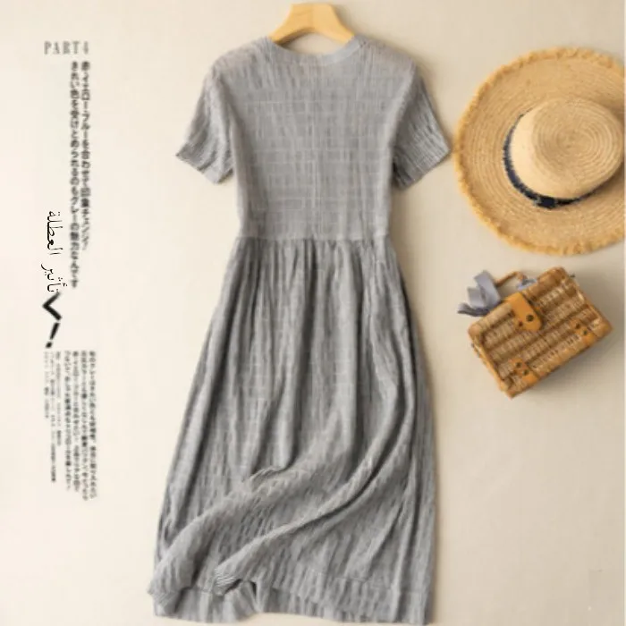Cotton Stripe Dress Women's Midi Loose Fit Summer New Style Retro Japanese Style Slimming Artistic Long Dress Casual Commute