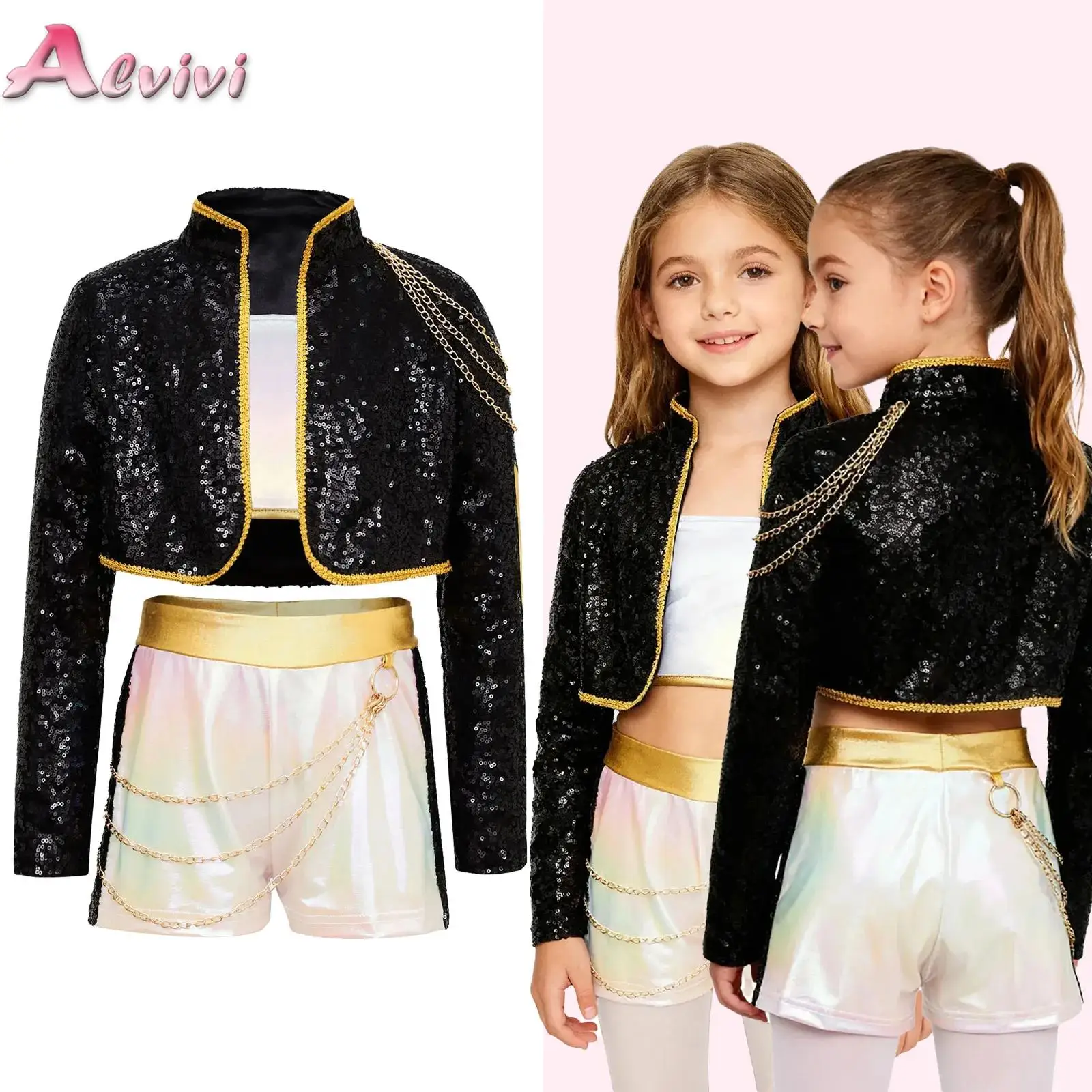 

Kids Girls 3Pcs Demon Cosplay Singer Outfit Iridescent Gloss Crop Top+Outer Wear+Shorts Jazz Dancewear Set for Halloween Party
