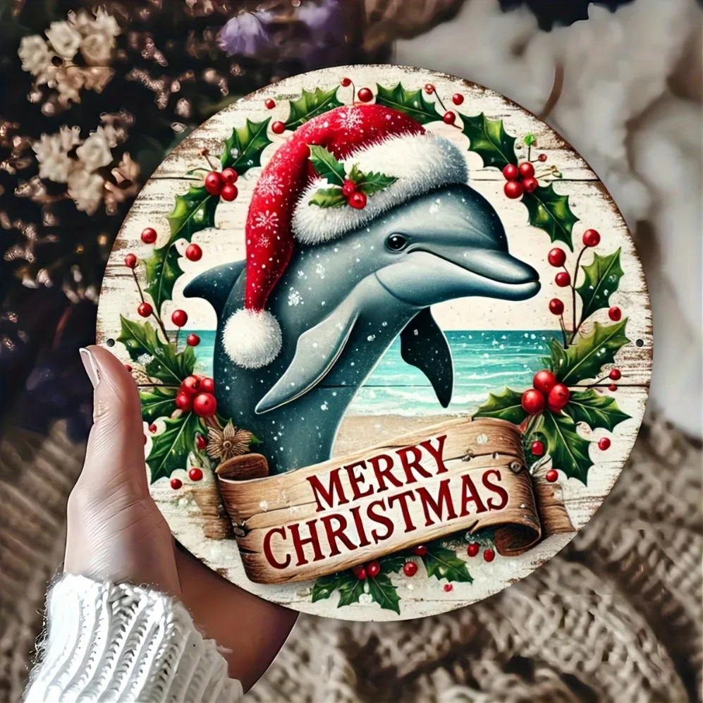 Round Dolphin Christmas Aluminum Wall Decor: Holiday Sign with Santa Hat, Holly, Snowflakes & 