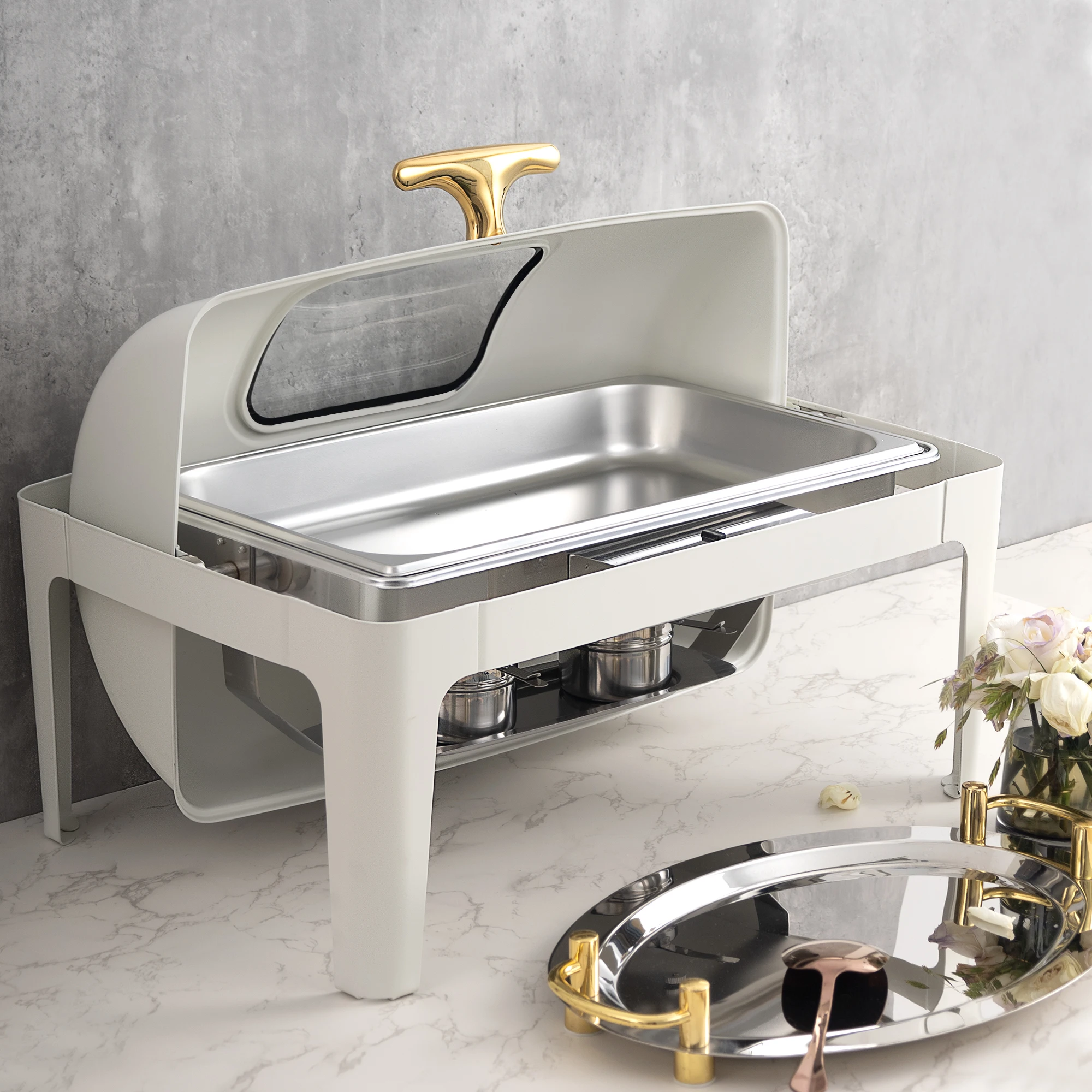 

9L white and gold rectangular glass cover hot pot high electric food heater gold modern wedding party catering display