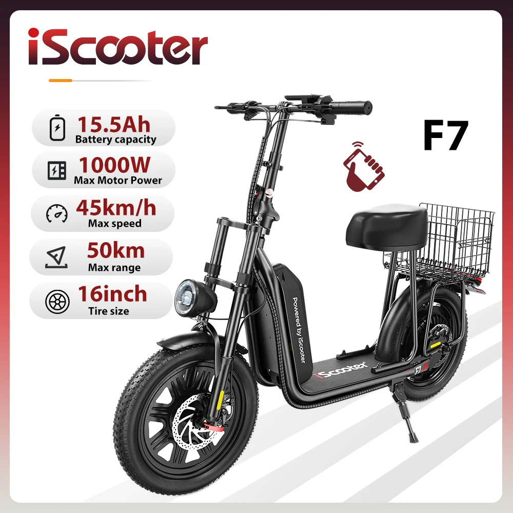 iScooter F7 48V 1000W e-scooter 45 km/h 50 km de portée contrôle par application 16 "pneus tout-Terrain panier arrière pliable aide d'épicerie parfaite