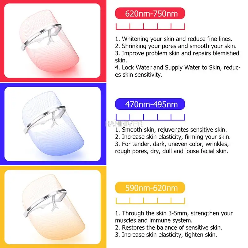 LED Photon Light Therapy Facial Mask Whitening Anti Aging Skin Tightening Rejuvenation 3 Color Photonic Skin Care Remove Wrinkle