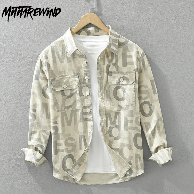

2025 Spring Summer Mens Shirt Japanese Workwear Tops Pure Cotton New in Shirts Long Sleeve Letter Printed Shirt Youth Streetwear