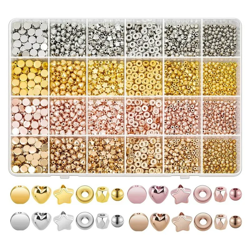 1920 PCS Gold Spacer Beads Kit Assorted Round Star Beads Kit For Bracelet Jewelry Making(Gold, Silver, Rose Gold, KC Gold)