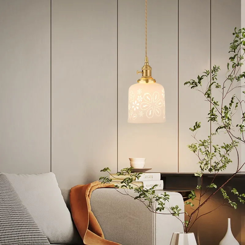 Japanese Glazed Printed Ceramic Pendant Ligths Openwork Carving Chandelier Bedroom Dining Room Restaurant Bar Hanging Lamps