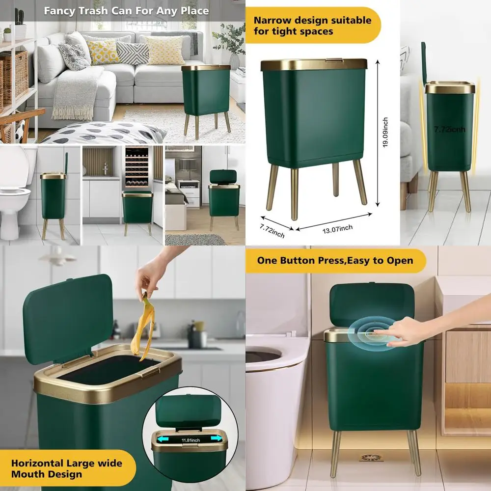

Stylish 4-Gallon Kitchen Trash Bin with Gold Rim, Modern Green Waste Basket for Home Use