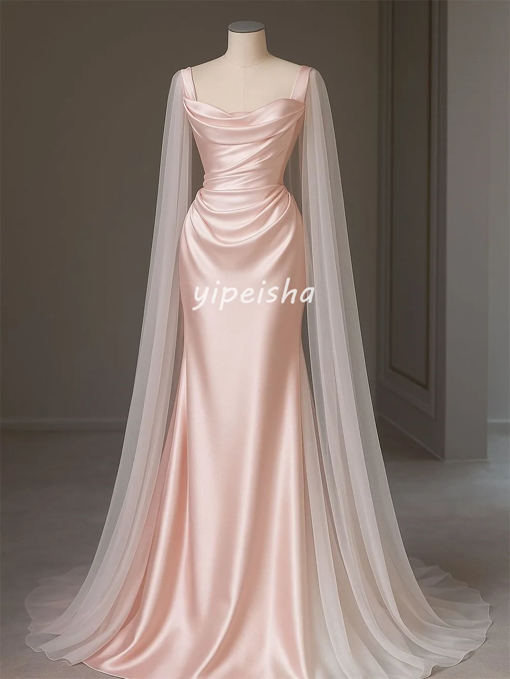 Customized High Quality Fashion Pleat Ruched Mermaid Square Neck Long Dresses Bespoke Occasion Dresses Sizes Available Fashion