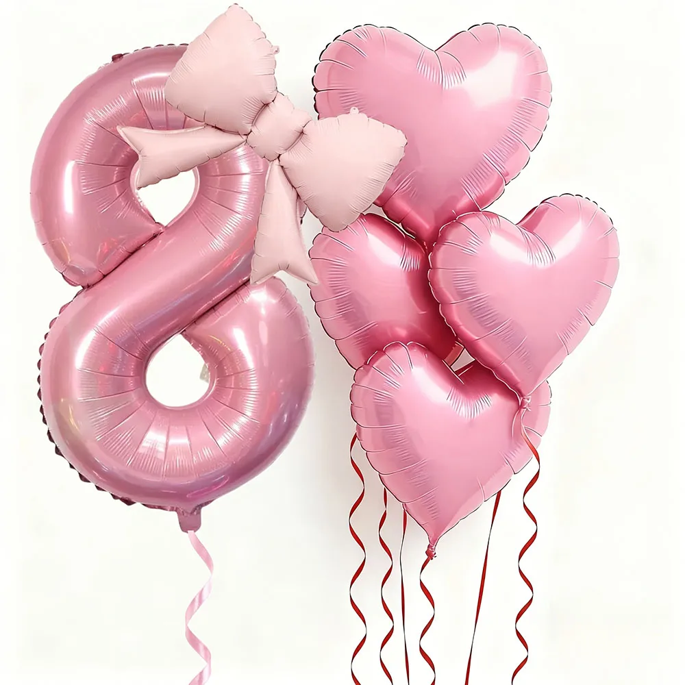 6 Stück rosa Schleifen-Herzballons mit 32 Zoll großen rosa Zahlen-Folienballons für Geburtstagsfeiern, Hochzeiten, Verlobungen, Jubiläen, Dekoration – Detail 3