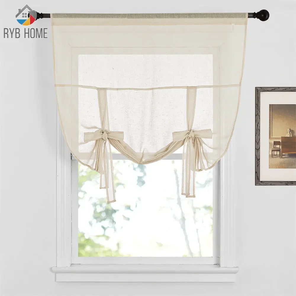 RYB HOME 1PC Tie Up Shade Rod Pocket Sheer Curtain Modern Solid European and American Style for Kitchen Small Window