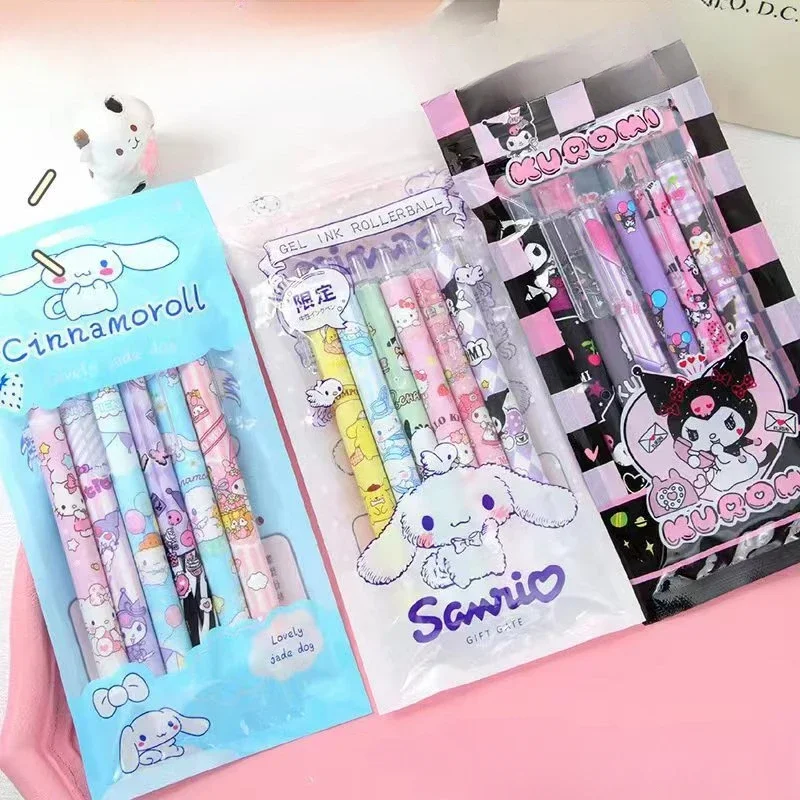 Sanrio Kuromi 0.5mm pena Gel, Set pena Gel tekan Kawaii lucu kartun sekolah Hello Kitty perlengkapan alat tulis siswa hadiah 6 buah/Set