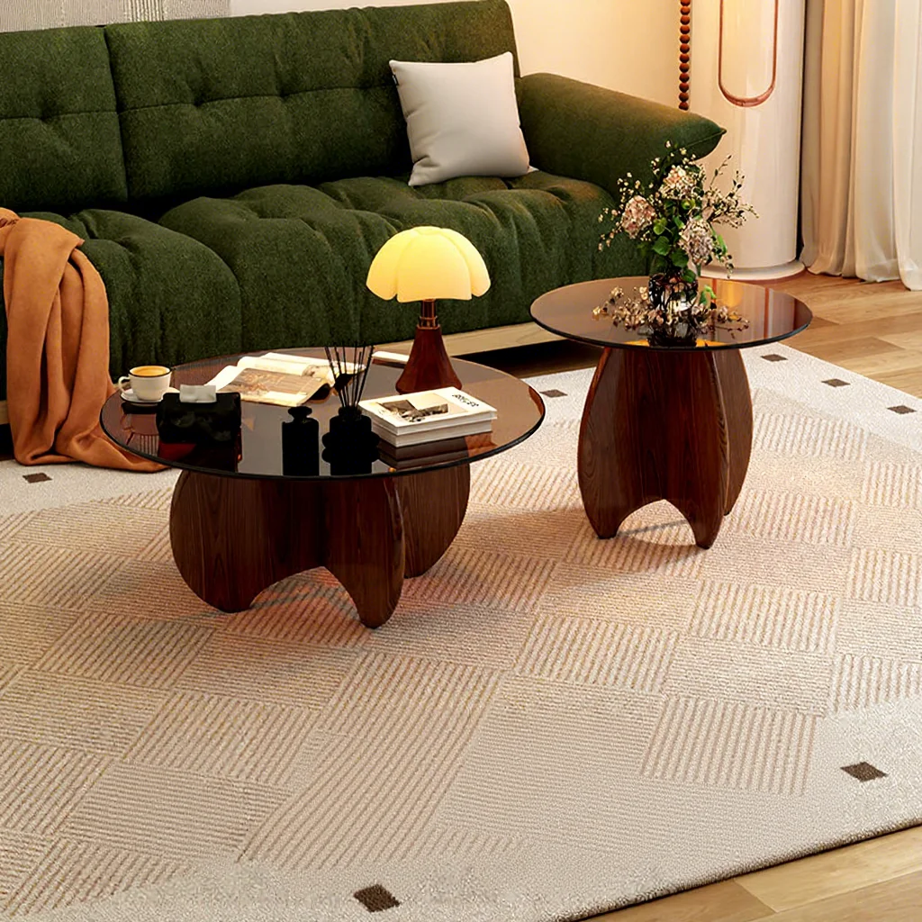 Solid Wood Base Glass Coffee Table, Living Room,  Family Small Apartment, Round Edge Table, Minimalist Small Round Table