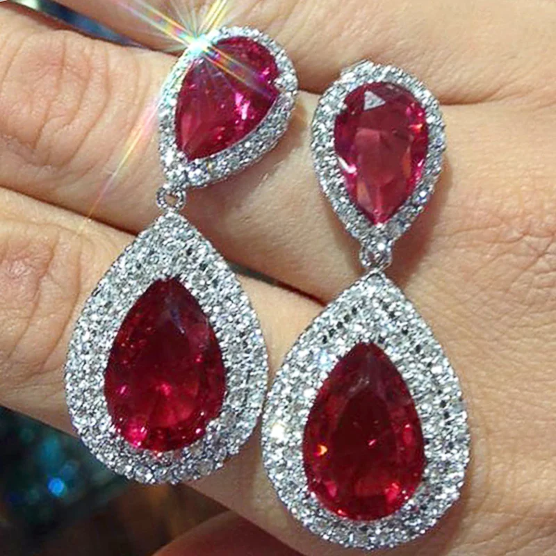 Huitan Pear Shape Red CZ Drop Earrings Women for Wedding Anniversary Party Silver Color Sparkling Hanging Earring Luxury Jewelry