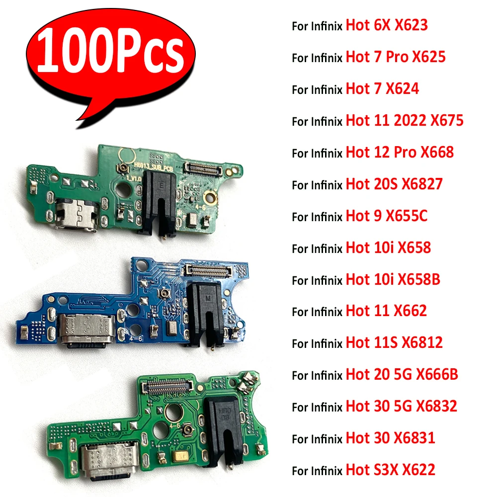 100Pcs，USB Charging Port Board Cable Connector Parts For Infinix Hot 9 10i 11 11S 20 30 5G S3X 6X 7 Pro 11 12 Pro X668 20S X6827