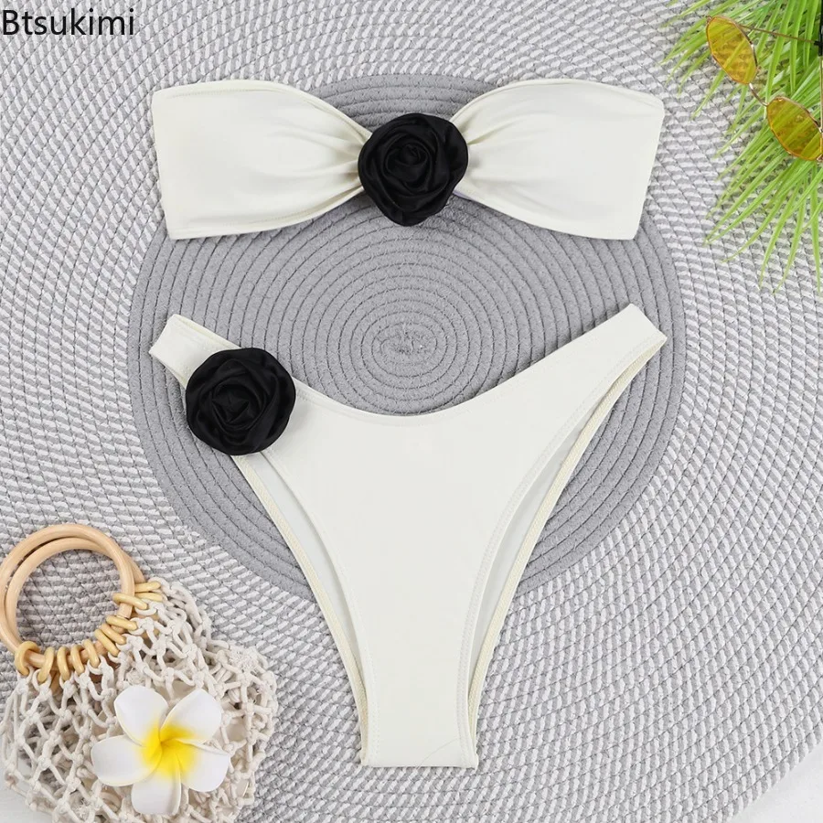 New Bandeau Bikini Front 3D Flower Flower Decoration Swimwear Women High Waist Solid Swimsuit Sexy Beachwear Bathing Suit Summer