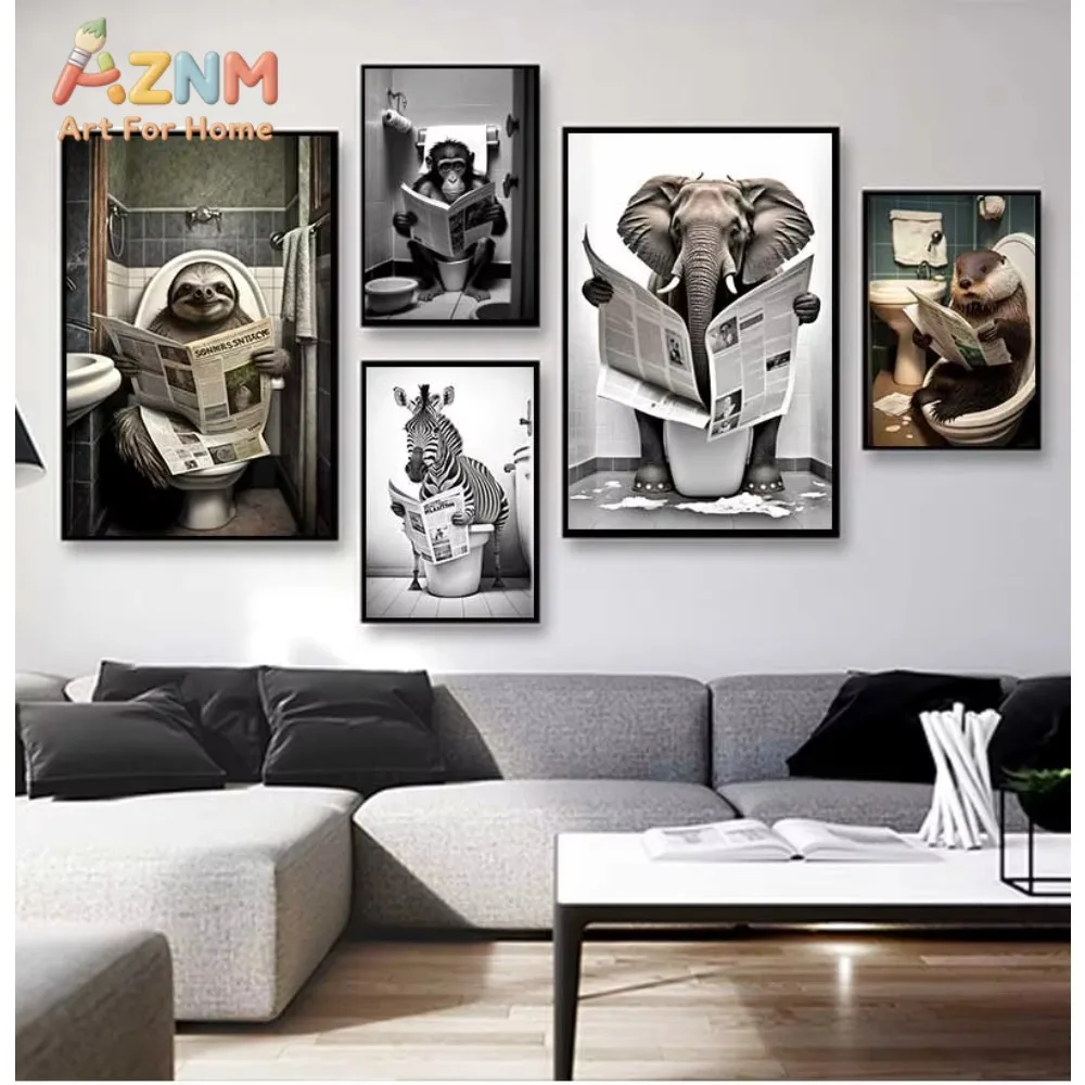 

1 шт. Забавный постер для ванной комнаты: юмористический декор с животными (медведь, собака, тигр), сидящими на унитазе и читающими газету. Картина на холсте.