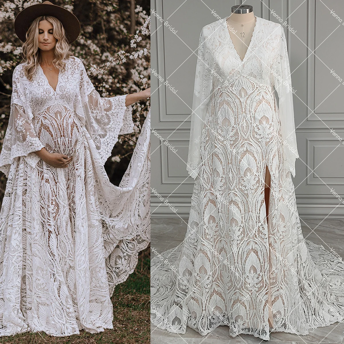 Customized Boho Empire Waist Maternity Wedding Dress Beach Cutout Lace Plus Size Long Batwing Sleeves Pregnant Women Bridal Gown