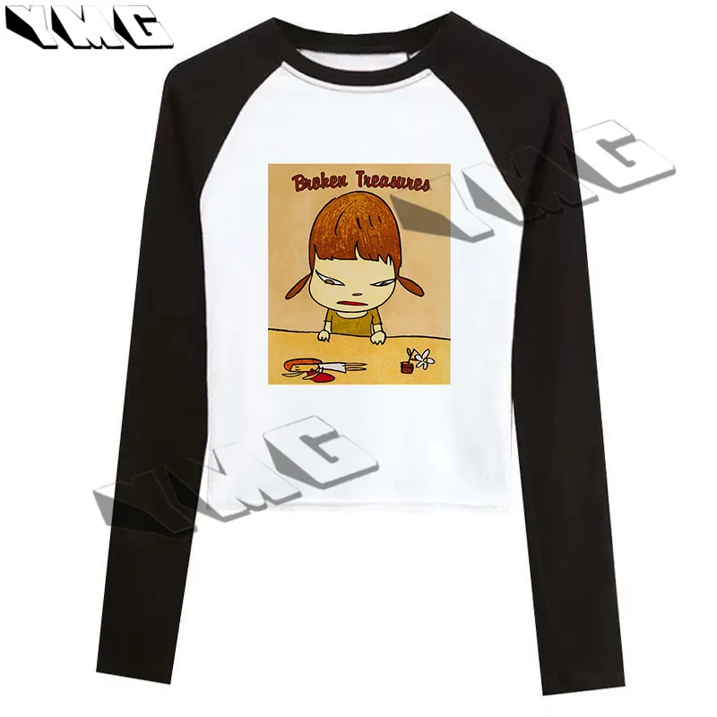 

Open navel women's aesthetic top 2000s women's long sleeved Gothic cute Nara girl print retro Harajuku Grunge Y2k women's tops