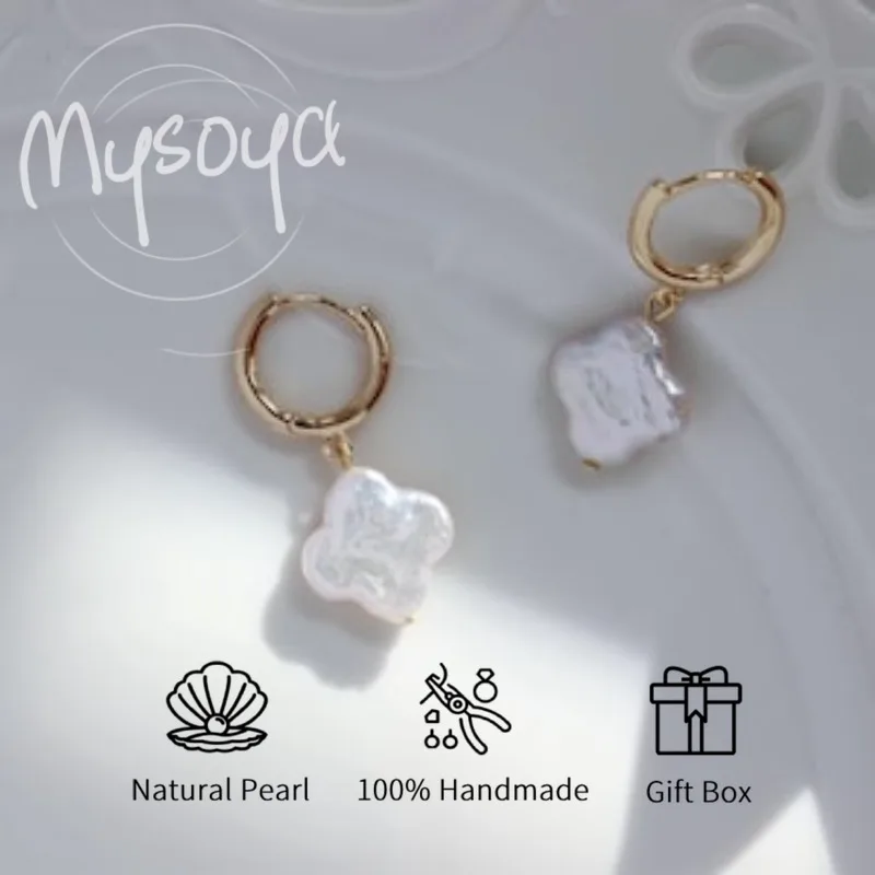 

MYSOYA White Four-Leaf Baroque Freshwater Pearl Pendant Earrings 9-10mm A Gift Box For Her/Him Birthday/Wedding/Christmas Gift