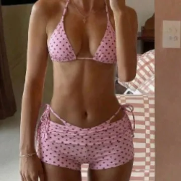 

Women Mini Polka Dot 2 Piece Swim Set Halter Tie Triangle Bikini Top Cutout Side Ruched Drawstring Boy Shorts Beach Swimwear