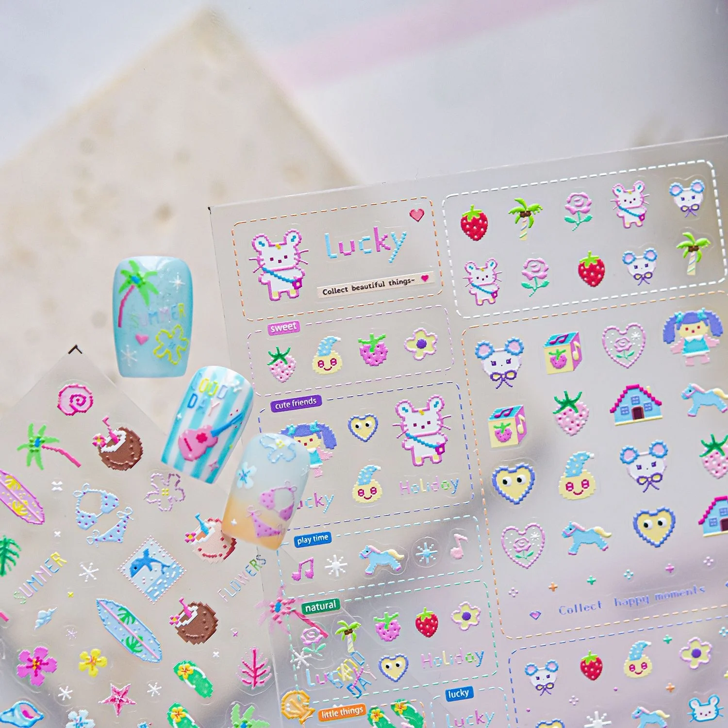 Macaron Color 5D Nail Sticker Pixel Rabbit Unicorn Strawberry Heart House Lucky Holiday Cute Style Decal Self Adhesive Manicure