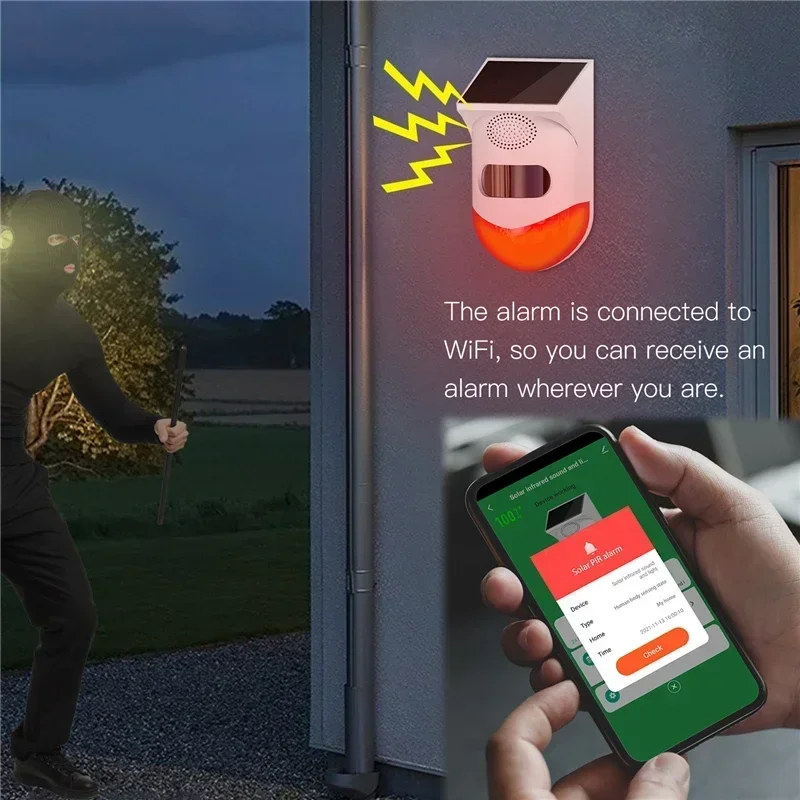 Tuya WiFi Solar Powered Infrared Motion Sensor Detector Siren Strobe Alarm System Waterproof For Home Yard Outdoor Security