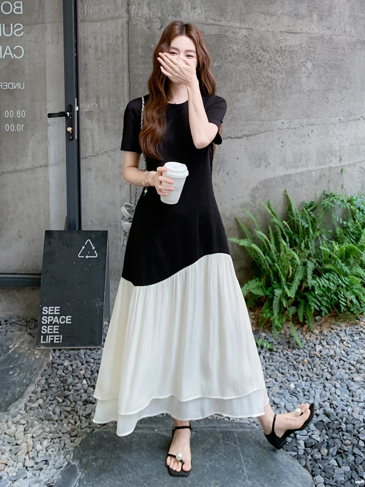 Elegant Summer Long Dress Women's Fashion Design Sensation Uneven Mesh Splice Waist Inward Slimming Dress French Style