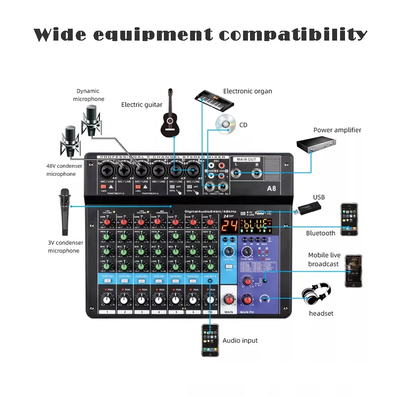 TEYUN 8 6 4 Channel Professional Portable Mixer Computer Sound Mixing Console Number Audio Interface Live Broadcast A4 A6 A8 48V