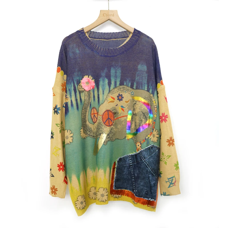 231014 Patchwork Print weibliche Pullover Persönlichkeit Kontrast farbe Pullover Top Frühling neue Frauen Street Trend Pullover