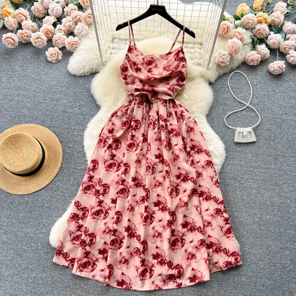 YuooMuoo Romantic Floral Print Long Dress Vintage Rose Print High Waist Spaghetti Strap Summer Dress Lady Beach Sundress