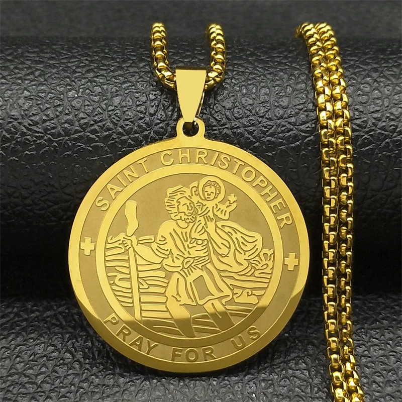 Saint Christopher Pray Us Pendant Necklace for Women Men Stainless Steel Gold Color Religious Amulet Chain Jewelry NZZZ776S02