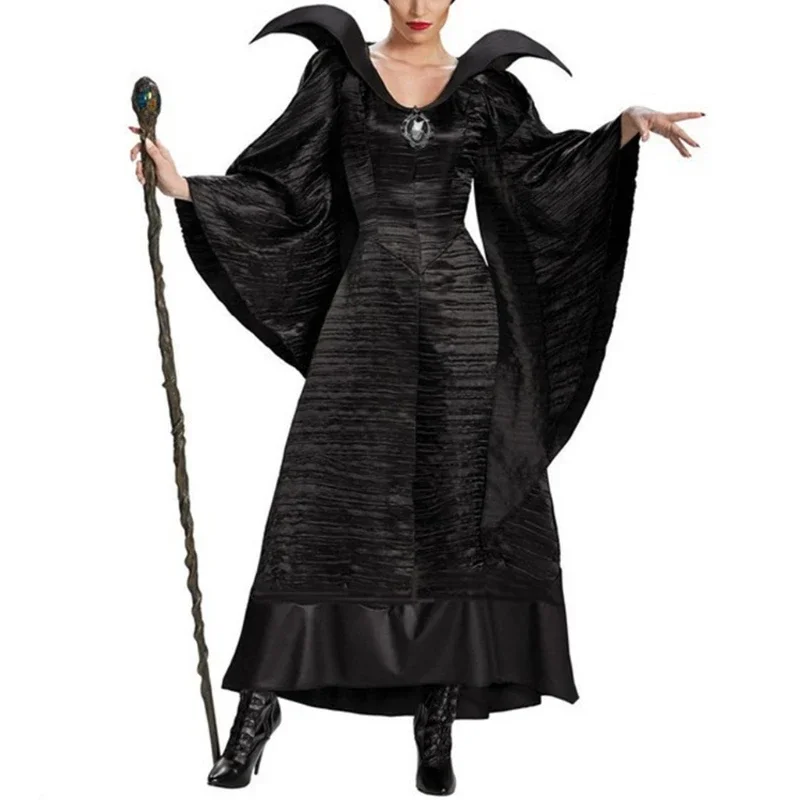 

Woman Costume Plus Size Halloween Movie Deluxe Black Long Gown Evil Queen Witch Dress Cosplay Party Costume with Horn Headpiece