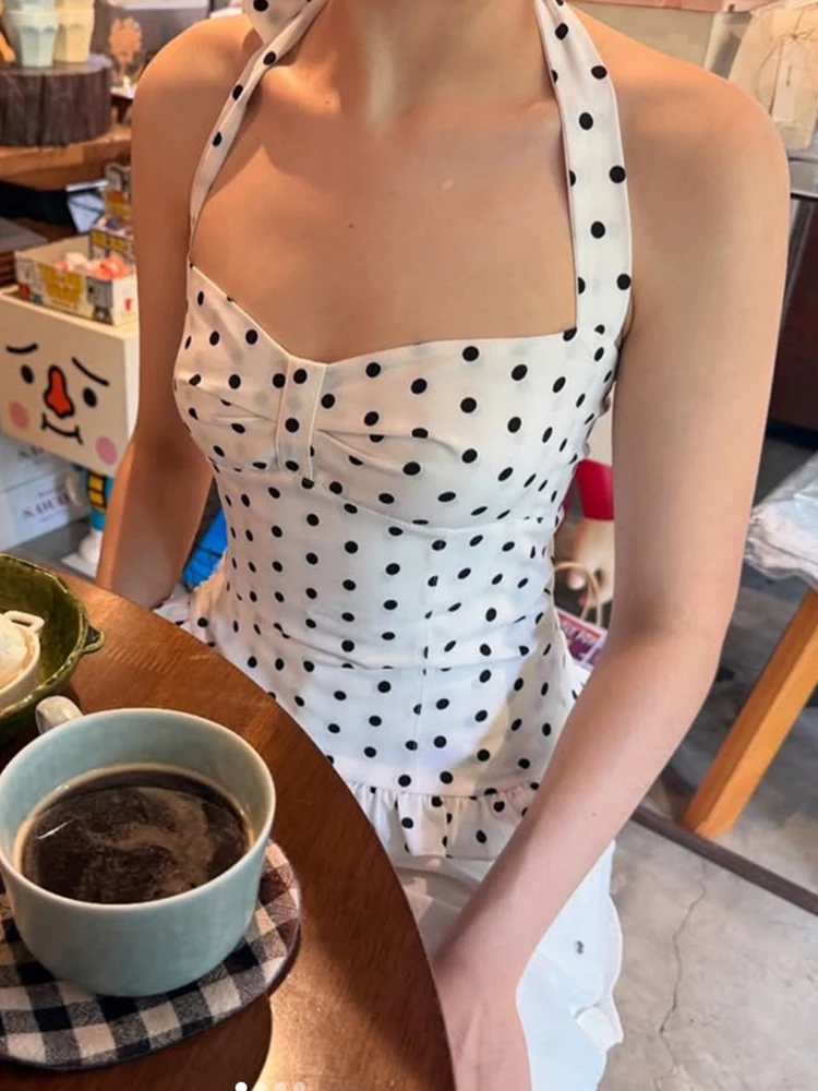 Nibber Polka Dot Print Tops Women Halter Low-Neck Bandage Ruffles Backless Sleeveless Skinny Fashion Street Versatile Vest