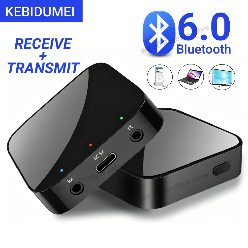 KEBIDUMEI Bluetooth 6.0 Empfänger und Sender 3,5 mm AUX Wireless Audio Adapter Bluetooth Sender für Auto PC TV Kopfhörer