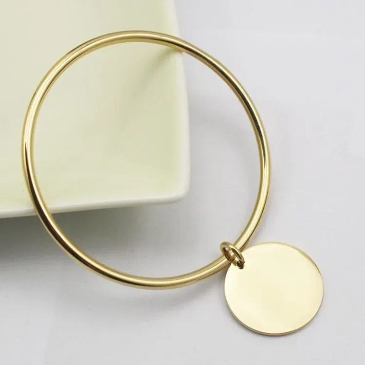 Classic Round Golden Charm Bangle Bracelet Stainless Steel Women Fashion Jewelry Gold Color