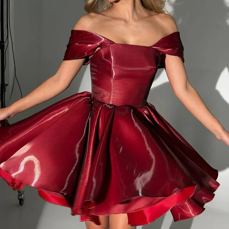 Elegant Burgundy A-Line Off Shoulder Satin Draped Mini Prom Dress Cocktail Birthday Party Dresses 2026 Customized MCDV