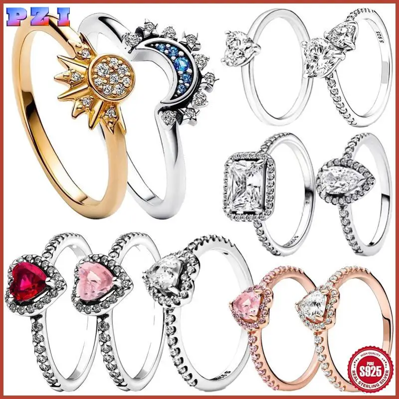 

925 Sterling Silver Ring Elevated Red Heart With Colorful Crystal Rings For Women Valentine's Birthday Gift DIY Jewelry