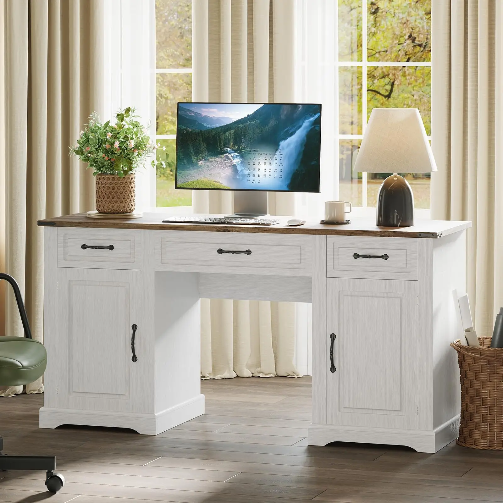 

60" Executive Desk with Drawers, Farmhouse Home Office Desk with Storage Cabinets, Rustic Computer Writing Desks, Wood Workstati