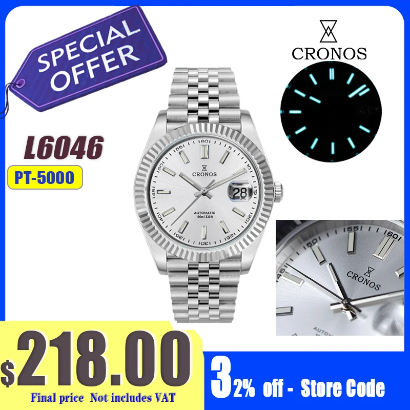 Cronos DateJ Luxury Men Watch Stainless Steel 5 Links Bracelet