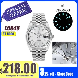 Cronos Luxus Herrenuhr 39mm Skyline Automatik PT5000 SW200 Armbanduhren Saphir Lederarmband 10ATM Durchsichtige Rückseite L6028M