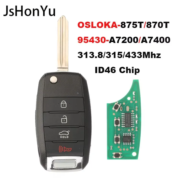 JsHonYu 95430-A7200 95430-A7201 433MHz 4D Chip Remote Key for KIA Forte 2017-2019 OSLOKA-875T 3 Button Flip Remote Control Fob