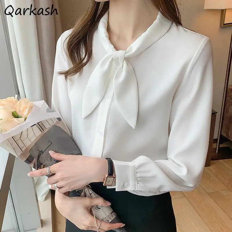 Fashion Bow Collar Long Sleeve Shirts Women Solid Ins Vintage Classic Formal Business Chiffon Workwear Mujer Blusas New Arrival