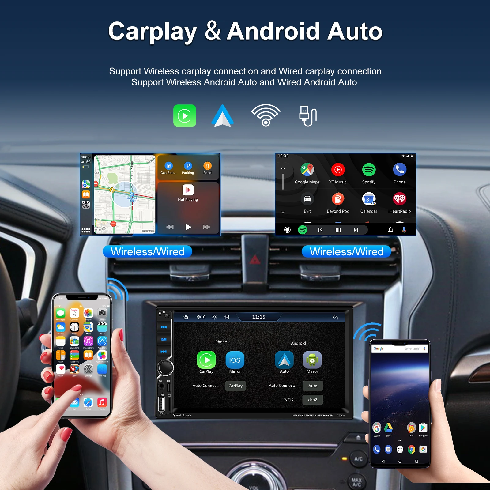 Podofo Wireless Carplay Car Stereo Radio 7'' Universal Bluetooth Mirror Link Navigation GPS AUX FM Car Mp5 Multimedia Player