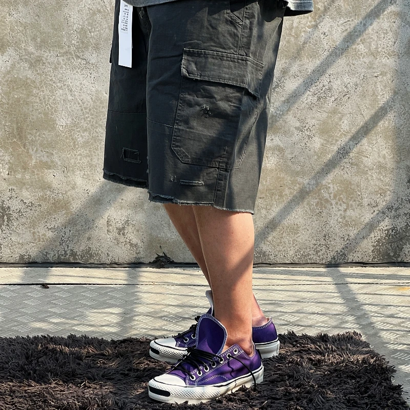Mens Summer Heavyweight Cargo Shorts ยุทธวิธีหลายกระเป๋า Casual Ripped Patchwork ผ้าฝ้ายกลางแจ้งอินเทรนด์ทหารสั้นกางเกง