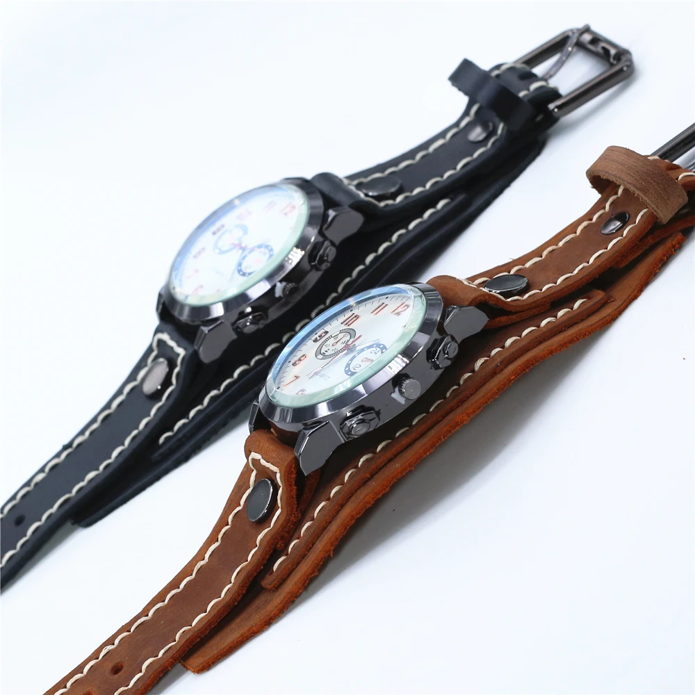 Punk Electronic Pointer Quartz Watch Bracelet Men Brown Black Wide Genuine Leather Belt Strap Homme Male Jewelry