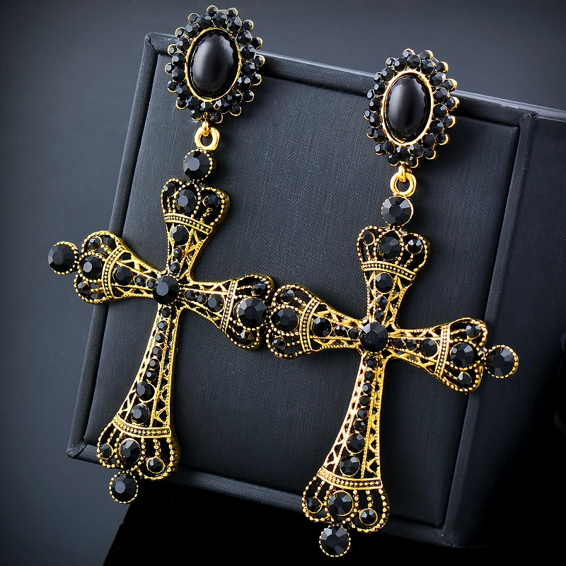 LEEKER Vintage Black Cross Drop Earrings for Women Antique gold color Fashion Jewelry Accessories Cubic Zirconia earring 380 LK6