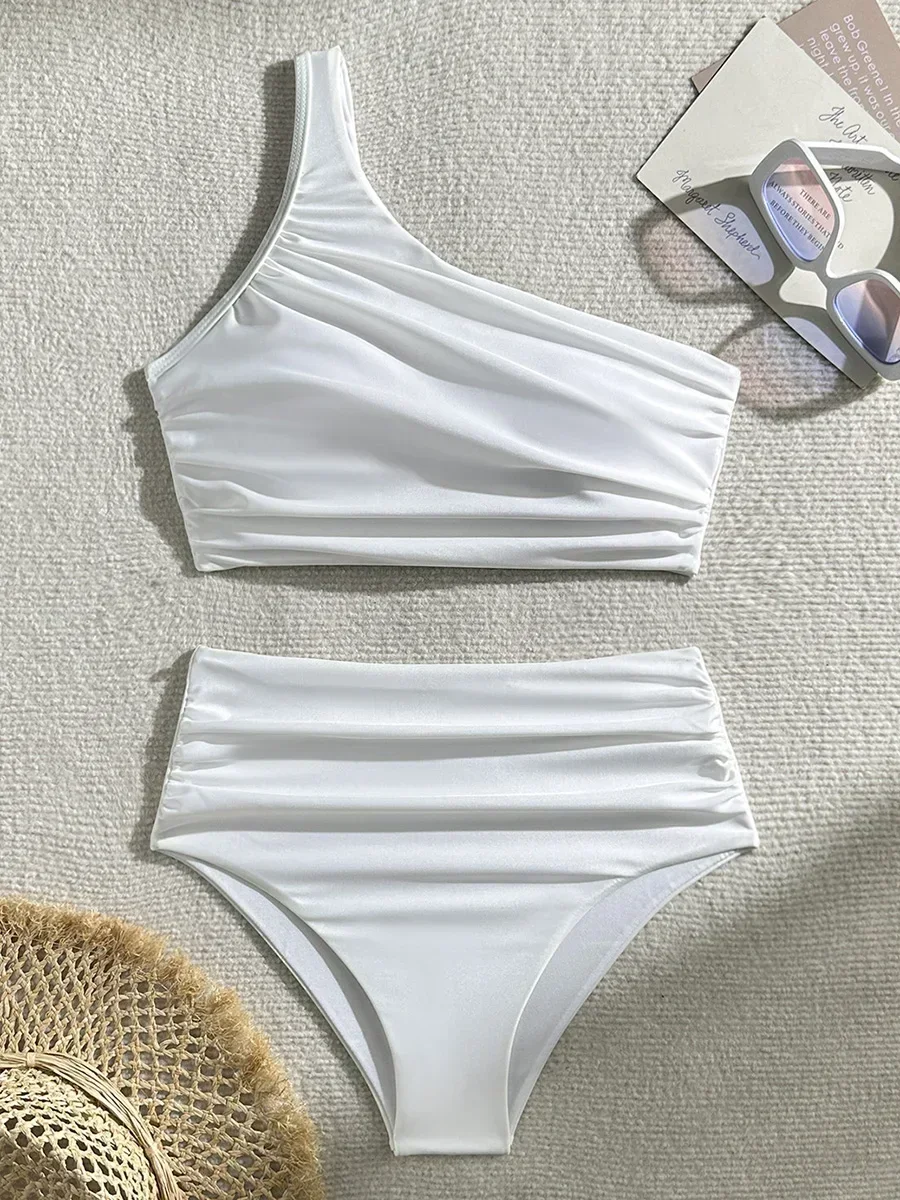 Sexy Wrinkled One Shoulder High Waist Bikini Female Swimsuit Women Swimwear Two-pieces Bikini Set Bather Bathing Suit Swim Lady