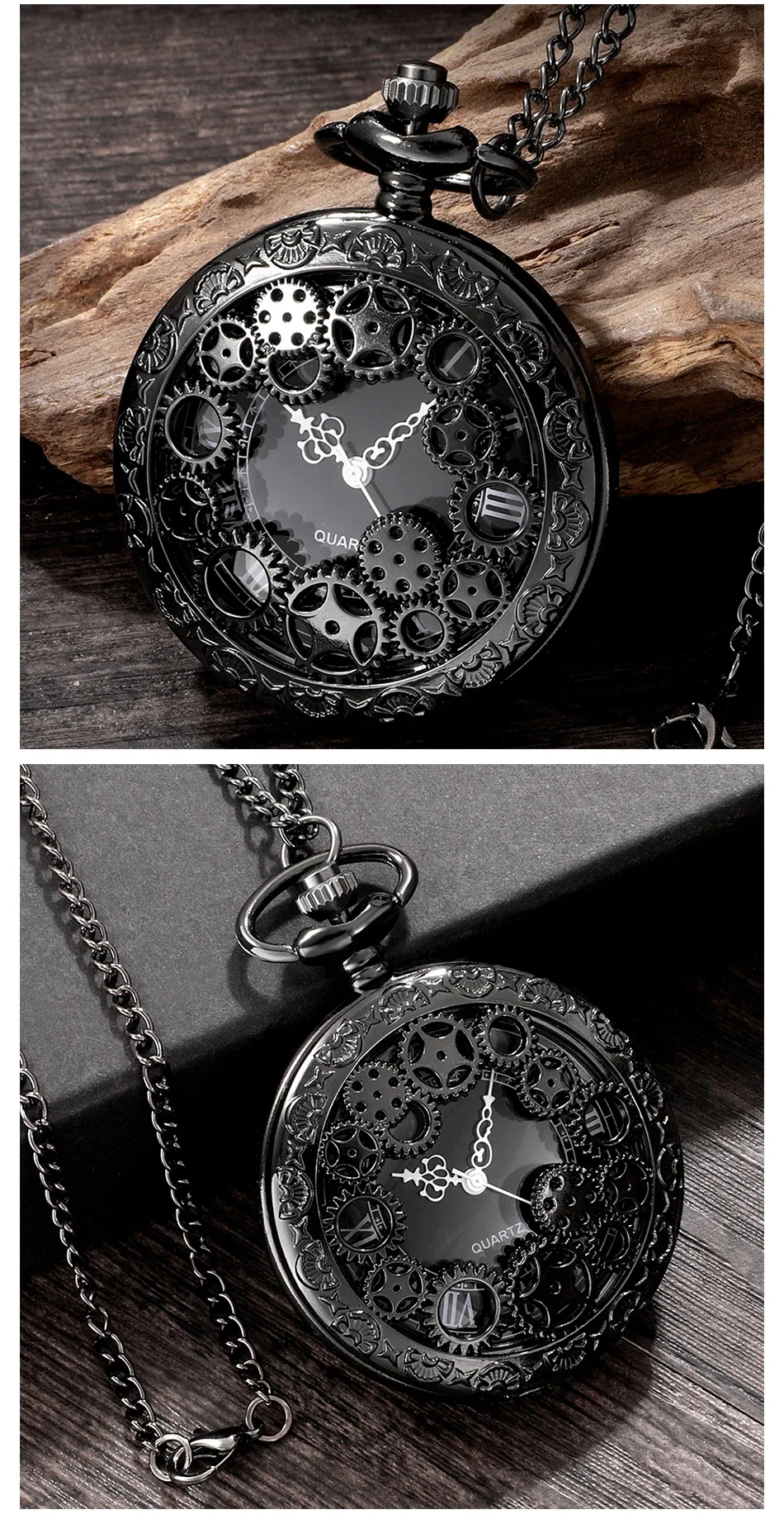 1R-Steampunk-Kupfer-Vintage-Hohlzahnrad-Hohl-Quarz-Taschenuhr-Halskette-Anhänger-Uhr-Kette für Männer und Frauen mit Kette, Geschenk – Detail 5